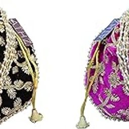Potli Bag Velvet Golden Work Wedding potli for Ladies Gift for Women Handbags Traditional Indian Wristlet with Drawstring Ethnic Embroidery Women Fashion Potli (Black, Pink)-image-35