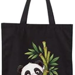Canvas Tote Bag with Cute Panda and Bamboo Design, Black Shopping Bag with Long Handles-image-98