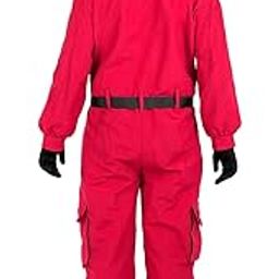 Red Hooded Jumpsuit with Black Belt, Cargo Pockets, Full-Length Zip Front-image-93