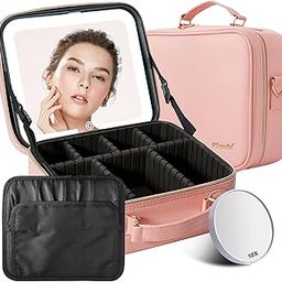 Mocado Travel Makeup Bag with LED Lighted Mirror, Travel Makeup Organizer, Makeup Case with 3 Color Lighted Setting and 10x Magnifying Mirror, Portable Storage and Adjustable Dividers Makeup Box, PINK-picture-33