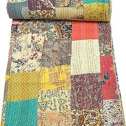Fortune Creation Double Bed Patch Work Katha Stitched Double Thick bedsheets Bed Cover (Size: 90×108)-image-87