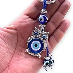 BLUE BEADS Blue and Silver Evil Eye with Lucky Owl Keychain For Bike/Car Gifting With Key Ring Anti-Rust (Pack Of 1)-image-43