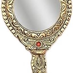 Handheld Mirror with Handle Vintage Compact for Personal Makeup Vanity Portable Travel Skin Rajsthani Mirror Oxide Metal Double Side Hand Mirror Golden Color-56