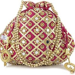Heart Home Silk Traditional Mirror Work Clutch Potli Batwa Pouch Bag for Women/Girls (Pink)-HEART11491, Standard-image-68