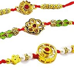 (Paarijat) beautiful elegant handcrafted Rakhis set of 3 with Roli Chawal (akshata) Kumkum & a greeting card.-1