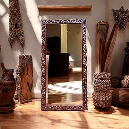 AESTHETIC DECOR, Wooden Carved_Wall Decor_Rectangular_Full Length_Floor Standing_Wall Mount Wooden Frame Mirror for Living Room,Bed Room, Hall, Size 6 * 3 FT (Walnut) Finish | with Out Mirror-31