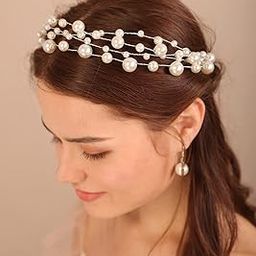 1 Pcs Premium Vintage Pearl Headband for Girls Bride Wedding Silver Hair Vine Accessory Pearl Layered Head Chain Bridal Hair Piece (Silver)-image-106