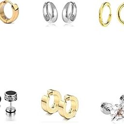 Mens Earrings Combo Valentine jewellery Stainless Steel Black Gold Silver Piercing Screw Bali Stud Hoops Earing Combo for men boys WomenUnisex-K924-picture-13
