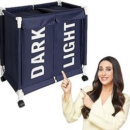 HOKIPO Oxford Fabric Sorter Laundry Basket with Wheels | 2 Compartment Laundry Hamper with Lid Cover | Rolling Laundry Clothes Basket Trolley, 65x61x35 cm, Dark Blue (AR3708)-image-22