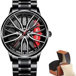 Car Watches for Men,Waterproof Stainless Steel Japanese Quartz Wrist Watch Sports Men’s Watches with Car Wheel Rim Hub Design, Black, bracelet-image-62