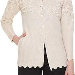 Women's Woolen V-Neck Cardigan - Printed Heavy Daffodil Fabric Winter Wear Pure Wool Cardigan for Women - Free Size Long Cotty - Fully Warm - Beige, XL-picture-11