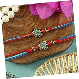 Set of 2 Meena Stone Rakhis with Roli Chawal for Brother Bhai Bhaiya Raksha Bandhan Blue Combo Pack Boys Men-image-2