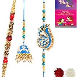 Precious Sky Blue Pandant Bhaiya Bhabhi Pair Set For Brother And Sister, Set Of 3 Rakhi Combo Set-9