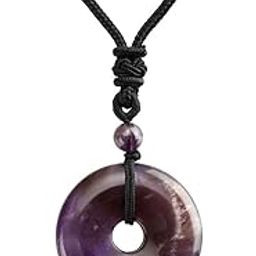 30mm Circle Donut Healing Crystals Necklace Natural Semi-Precious Chakra Gemstone Stone Amulet Lucky Coin Donuts Charm Protection Quartz Reiki Pendant Necklace for Men Women Adjustable Rope-image-42