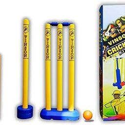 Vinson Junior Cricket Kit for Kids with Box,4 Stumps,1 Main Wicket Stand,1 Single Wicket Stand, 2 Bails,1 Bat and 1 Ball-31
