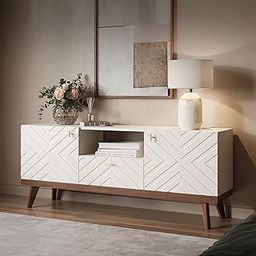 ND INTERNATIONAL Modern TV Stand with Geometric Carved Doors Beige and Walnut Finish Entertainment Unit with Open Shelf Drawer & Cabinet Storage – Solid Wood Legs for Living Room or Bedroom-image-37