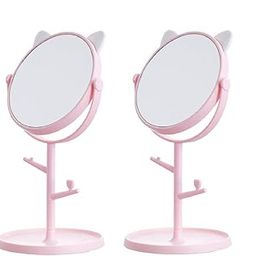 Jenilika Cat Ear Vanity Mirror, 360° Rotating Tabletop Makeup Mirror with Jewellery Stand, Pink and White (Pink, Pack of 2)-36