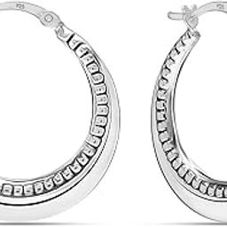 925 Sterling Silver Hoop Earrings for Women | BIS Hallmarked Antique Textured Round Hoop Earrings | Women's Ribbed Creole Earrings 28MM-image-78