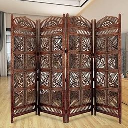 indian crafty 4-Panel Wooden Folding Room Divider – Hand-Carved Mango Wood Partition Screen with MDF Accents | Antique Brown Finish for Home & Office-image-98