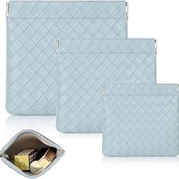 MAYCREATE Leather® 3Pcs Makeup Pouch For Travelling 3 Sizes Small Makeup Pouches For Women Weave Cosmetic Bags For Women PU Purse Organizer For Coin Lipstick Jewelry - Blue-52