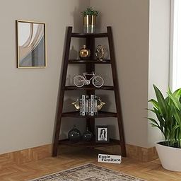 Eagle Furniture Solid Sheesham Wood Corner Ladder Shelf for Living Room, Wooden Floor Standing Corner 5 Tier Ladder Shelves, Corner Display Unit, Corner Shelf for Office, Walnut-image-81