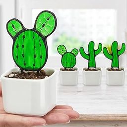 Sunnychicc 4 Set of Mini Cactus Plant Stained Glass with Pots, Small Cacti Suncatcher Succulent Cactus Glass Decor Plant Lover Gifts for Mom Grandma Teacher Desk Windowsill Shelf Christmas Decor-image-32