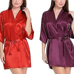 Knee Length 3/4 Sleeves Women Satin Kimono Nightwear Robe with Adjustable & Removable sash tie Closure for Comfortable fit (Pack of 2)-image-1