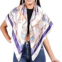 Modern Bags and Belt Design Print Square Scarf, Satin Polyester Silk, 100 x 106 cm, White with Purple Border-image-10