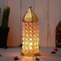 WebelKart Premium Crystal Moroccan Brass Tealight Candle Holder for Home Decoration,Lantern Shape Tealight Holder for Diwali Decor (8.5" Inches Gold) Table Candle Stand-image-46