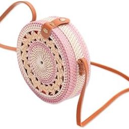 Rattan Cane Straw Wicker Handmade Boho Summer Beach Round Sling Bag (Pink and White)-image-62
