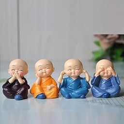 M.S TRADERS Carbon Fibre Set Of 4 Buddha Monk Statues Miniature Figurines Showpiece For Wall Shelf Table Desktop Car Dashboard Decoration Home Office Decor (Cute_Buddha_Set-Of-4, Fantasy)-10