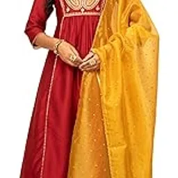 fiorra Women's Red Silk Blend A-Line Kurta with Palazzo and Dupatta-picture-6
