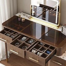 NG Decor Walnut Glass Sintered Stone Top Makeup Vanity Set with Mirror Number of Drawers 5-image-2