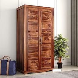 MANNAT ARTS Wooden 2 Door Wardrobe Organizer for Storage with 2 Drawer 5 Shelves Storage & Hanging Space - Sheesham Wood Cupboard for Bedroom - Wooden Almirah Organizer for Clothes Storage (Design 21)-image-77