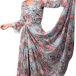 | Georget Casual Floral Digital Print Gown with Bell Sleves Free Size Pista Color.-picture-10