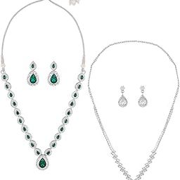 Set of 2 Green White Austrian Diamonds Embellished Necklace & Earring Sets For Women-ZPFK18399-10