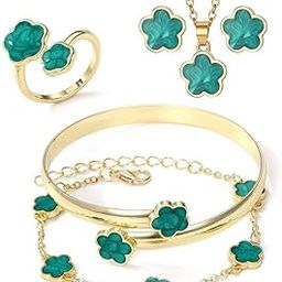 Ribbon of summer Set of 5 Green clover Jewelry Set, Ring Bracelet Necklace Earrings Combo set, Green Jewellery Set Gifts for Women and Girls | Birthday Gift for Girls-image-24