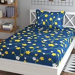 BSB HOME Premium Single Bedsheet with 1 Pillow Covers - 160 TC Supersoft Microfiber - Breathable & Wrinkle Free - 2 Pcs Set | Dark Blue and Yellow Leaf-4