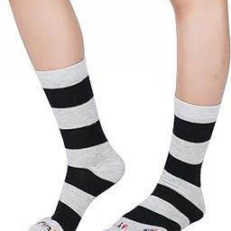 Women's Regular Cotton Blend Socks, Calf Length Strips Dual Color Socks for Ladies Free Size Ideal for Running, Cycling, Sports & Gym (1 Pair, Black & Grey)-11
