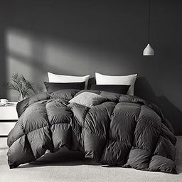Saisier Dark Grey Feathers Down Comforter Oversize Queen 96x96 inches, Cotton Blended Cover with 8 Corner tabs-64
