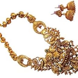 South Indian Traditional Jewellery Set – Golden Temple Jewellery with Green & Pink Stones | Goddess Lakshmi Design Necklace & Earrings for Women & Girls-3