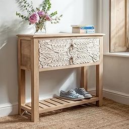 The Attic Jodhpur Wooden Console Table | Classy Solid Wood Console Table for Living Room Foyer | Natural + White Matte Finish-24
