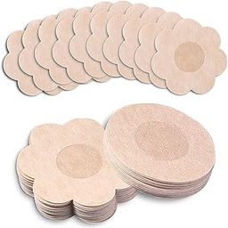 20 Pcs Nipple Covers for Women Disposable Nipple Breast Covers Breast Pasties Comfortable & Sexy Adhesive Satin Petals and Round Pasties Beige-30