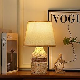 HOME ELEMENTS Floral Ceramic Table Lamp with Fabric Shade & Rope Detail Decorative Bedside Night Light for Bedroom Living Room Study Lamp Reading Desk lamp Nightstand Lamp 20x32cm (Beige)-image-83