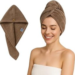 E-Zone Microfiber Hair Drying Towels Combo Pack 2 | Soft Brown Head Wrap for Women & Girls | Quick Dry Hair Towel with Button | Lightweight & Super Absorbent Turban Cap for Long Hair-image-2