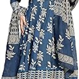 Women's Floral Printed Cotton Anarkali Kurta Pant Dupatta Set (KPDINDIGOOMAN_Indigo Blue)-15
