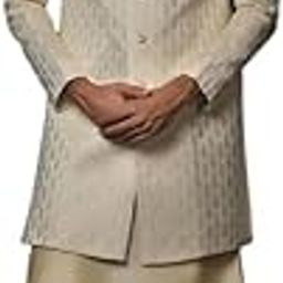 Men's Kurta Sherwani Churidar Set Indo-Western, Cream Cotton Blend, Self Design Long Sleeves Regular Fit Mandarin Collar, 36-picture-17