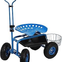 Sunnydaze Garden Cart Rolling Scooter - Features Extendable Steer Handle, Swivel Seat and Utility Tool Tray - Blue-image-42