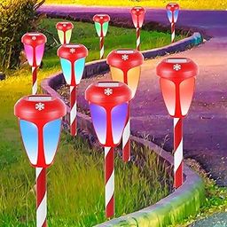 Dynaming 10 Pack Solar Christmas Path Lights, Outdoor Solar Powered Color Changing Xmas Garden Pathway Markers, Auto On/Off Candy Cane Lights Waterproof for Winter Patio Yard Walkway Driveway Decor-image-18