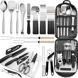 Portable Camping Kitchen Utensil Set-27 Piece Cookware Kit, Stainless Steel Outdoor Cooking and Grilling Utensil Organizer Travel Set Perfect for Travel, Picnics, RVs, Camping, BBQs, Parties and More-image-90